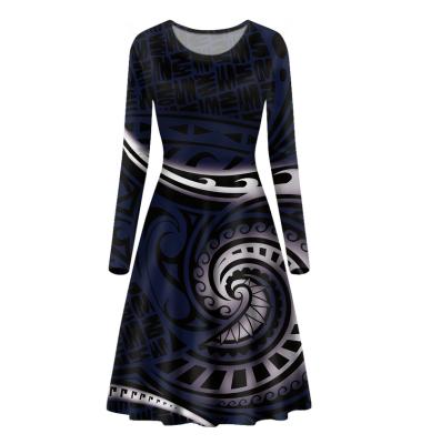 China Anti-Static Black Tribal Samoan Polynesian Tattoo Design Dresses Women Winter Casual Stretch A Line Swing Flared Skater Cocktail Dress for sale