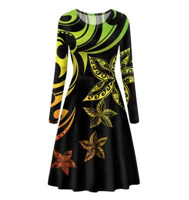 China Anti-Static Colorful Polynesian Tribal Print Polynesian Round Neck Flower Long Sleeve Swing Midi Dress Elegance Casual Dress Elegance Women Clothing for sale