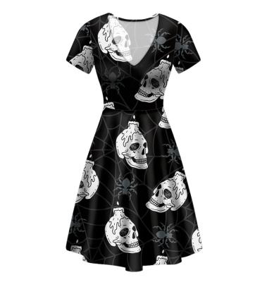 China Black And White Anti-Wrinkle Witch Skull Print Halloween Dresses Lady Elegant Sexy Casual Women Evening V-Neck Shorts Sheath Midi A-line Dress for sale