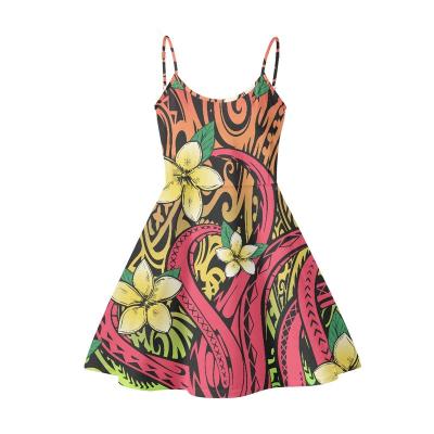 China Anti-Static Hawaiians And Hibiscus Flower Tattoo Designs Dress Women Ladies Summer Sexy O-Neck Spaghetti Strap Swing Backless Casual Dress for sale