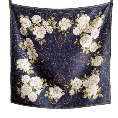 China Wholesale Luxury Gardenia Flower 90*90cm Brand Design Hijab Bandana 14 Momme Twill Soft Elegant Luxury Real Silk Scarf Pure Silk Scarf for sale