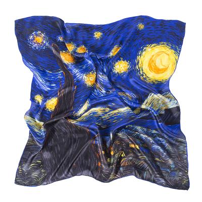 China 90*90cm square starry sky oil painting silk scarf large for female mulberry scarf fashion headband 100% pure silk silk for sale