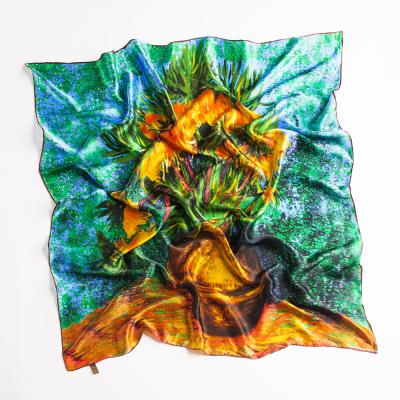 China Sunflower 90*90cm Square Square Oil Painting Silk Scarf Large For Female Mulberry Scarf Fashion Headband 100% Pure Silk Silk for sale