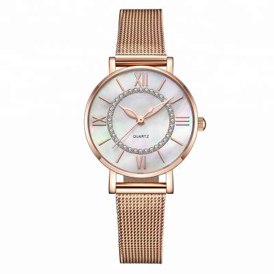 China Day/Date Rose Gold Ladies Stainless Steel Watches White Mesh Band Dial Luxury Thin Mother Of Pearl Watch for sale