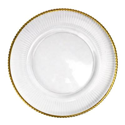 China Wholesale Viable Glass Gold Colored Rim Glass Charger Dishes Wedding Dishes Glass Dinner Dish Set Dishes for sale