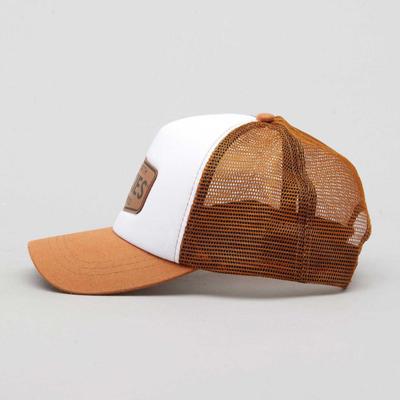 China JOINT Design Your Own 5 Panel Mesh Trucker Hat Cap With Leather Patch Logo for sale