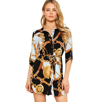 China 2021 Summer Washable Elegant Tunic Button Up Print Blouses Fashion Streetwear Ladies Long Sleeve Plus Size Women's T-shirts Dress for sale