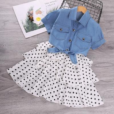 China Hot Sale Toddler Girl Anti-Static Clothing Set Long Sleeve Denim Shirt And Dots Printed Dress Set Sleeveless Clothing For Kids for sale