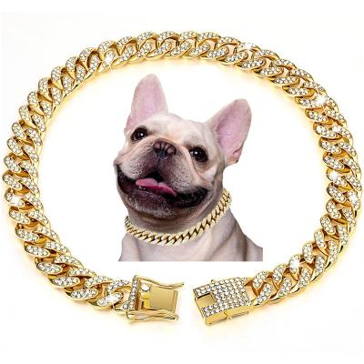 China Personalized Pet Cat Cuba Chain Diamond Dog Collar Luxury Gold Dog Chain Collar With Design Secure Buckle for sale