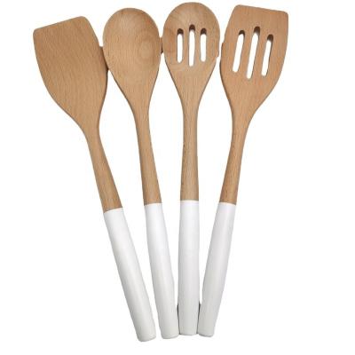 China Sustainable Natural Wood Cookware 4PCS Kitchen Utensil Set With Wooden Handle And Painting for sale