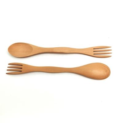 China Viable Reusable Wooden Double Head Spoon And Fork Kitchen Dinnerware Bilateral Set for sale