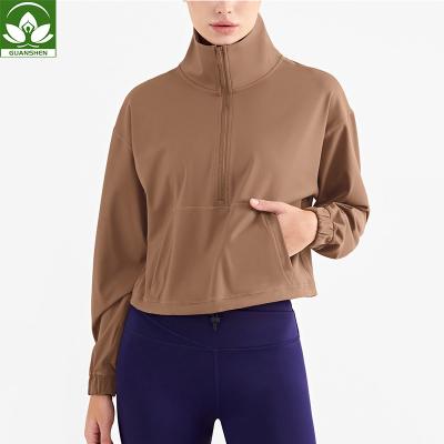 China Wholesale Breathable Sportswear Outfits Crop Top Shirts Fitness Gym Suits Nylon Half Zipper Leisure Yoga Wear For Women for sale