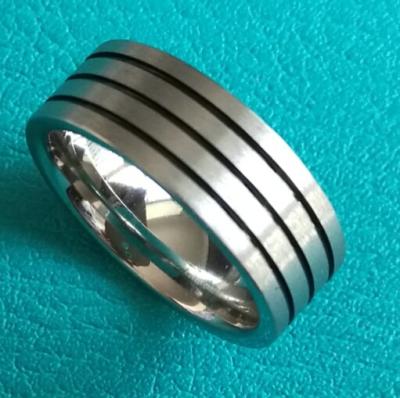 China 8mm Flat Cobalt Chrome Satin Brush Finish Wedding Band Ring w/ 3 Black Lines for sale