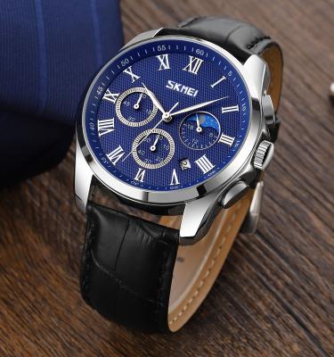 China Skmei 9260 Mens 3 Eyes Moon Phase Soft Leather Watch Day/Date Quartz Stylish Waterproof Luxury Stopwatch Watches for sale