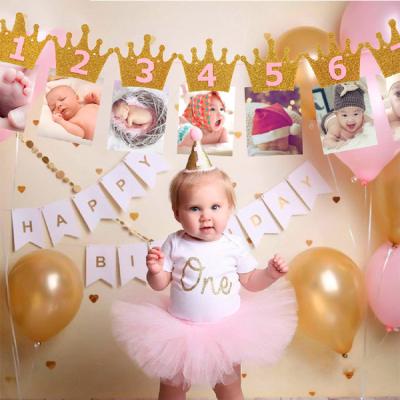 China Newest Glitter Birthday Party Photo Banner Kids First Birthday Party Props Decorations Birthday Banner Flag for sale