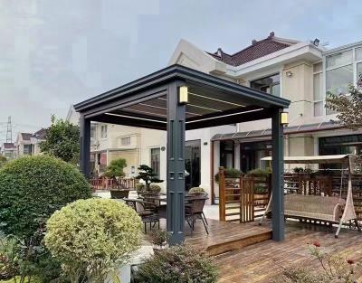 China Custom Motorized Easily Assembled Aluminum Metal Waterproof Automatic Louvered Pergola Gazebo With Led Lights For Garden for sale