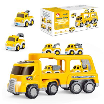 China Electric Inertia Construction Tractor with 6 Cars with Noise and Light Double Decker Transporter Truck with Cars Toy for sale