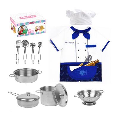 China Amazon Hit Kitchen Pretend Role Play Toys with 12PCS Stainless Steel Cookware Pots and Pans Set 25*15.5*10.5 for sale