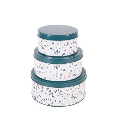 China Terrazzo Design Tin Metal Home Kitchen Product 3pcs Round Food Storage Box Microwavable Set for sale