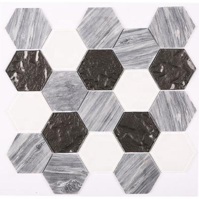 China CLASSIC Crystal Glass Mosaic Marble Mosaic Hexagon Selected Gold Color Glass And Stone Mosaic Wall Tiles for sale