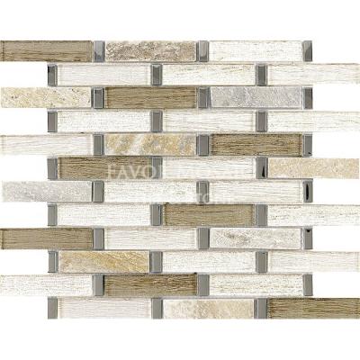 China Foshan CLASSIC Long Strip Crystal Glass Mosaic Tile Mix Marble Aluminum Laminated Glass Mosaic Wall Tile for sale