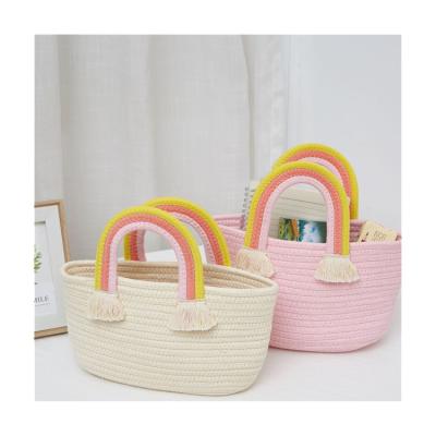 China Viable Rainbow Hangs Double-braided Leather Decorative Fashion Shopping Bags Foldable Woven Cotton Rope Other Storage Basket for sale