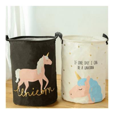 China Sustainable Circular Color Printed Cloth Clothing Hamper Cotton And Canvas Cartoon Other Folding Storage Basket Laundry Hamper for sale