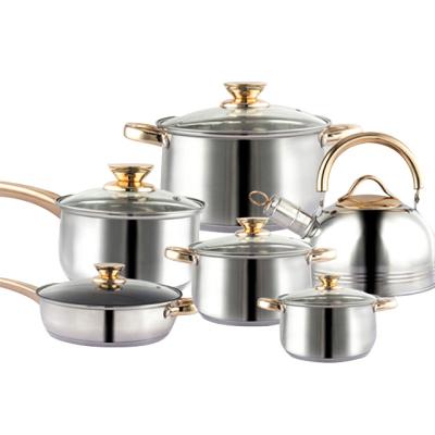 China Sustainable High Quality 12pcs Kitchen Cooking Pot Set Stainless Steel Cookware With Frying Pans And Whistling Kettle for sale