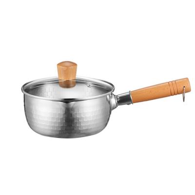 China Hot Sale 18cm Nonstick Stocked Stainless Steel Milk Casserole with Wooden Handle and Glass Lid for Hotel for sale