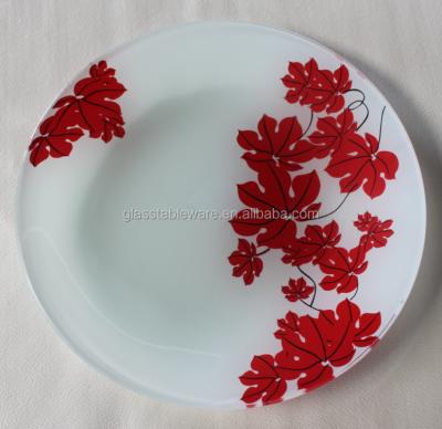 China Round Shape Viable White Color Leaf Design Red Tempered Glass Food Dish for sale