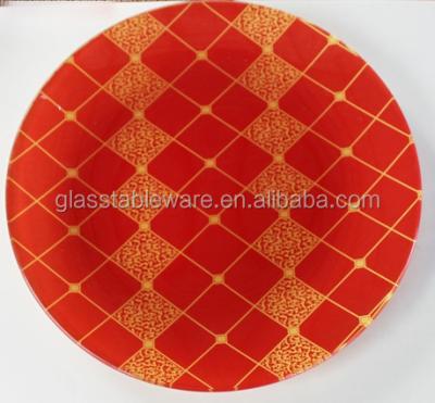 China Round Shape Durable Red Gold Printing Tempered Glass Plate for sale