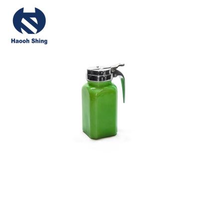 China Sustainable 210 ML / 7 Ounce Square Shaped Glass Jadeite Honey Dispenser With Zinc Alloy Chrome Plating Top for sale