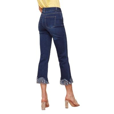 China QUICK DRY Comfy Stylish Long Fringed Edge Cropped Dark Blue Denim Jeans For Women for sale