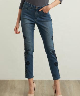 China Mid Supplier Factory Price Slim Office QUICK DRY Embroidery Mid Rise Jeans For Women for sale