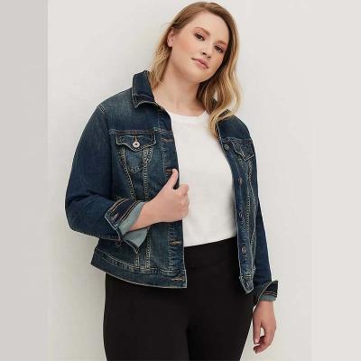 China Breathable OEM Quality DOM Women Jeans Jacket Custom Dark Blue Wasted Stretch Plus Size Jackets For Woman for sale