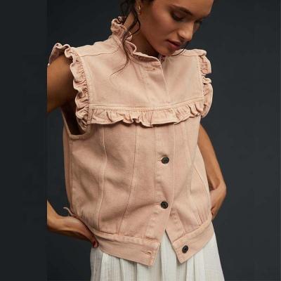 China New Fashion Sleeveless Jacket Vest Jackets Breathable Garment Dye Rose Pink Color Ruffles Wrinkle Sleeve Custom Denim Cropped Jacket Women for sale