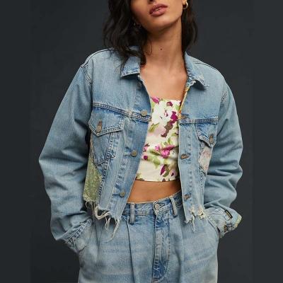 China High Street Breathable Short Jacket Flower Print Patched Loose Paragraph Denim Jacket Blue Drop Shoulder Version Jacket For Women for sale