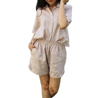 China Breathable Canvas Sleep Wear Shorts Lounge Use Elastic Waist Pajamas Set Canvas 2 Piece Top Shorts Set for sale