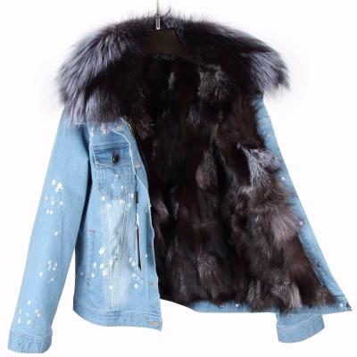 China Winter Plus Size Thicken Washed Coat Fashion Winter Denim Fur Jacket Women With Real Raccoon Collar Real Fox Lining for sale