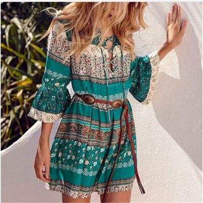 China Breathable Boho Chic Styles Bell Sleeve Print Beach Dress With Lace Women Maxi Dress For Summer for sale