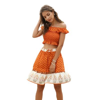 China Wholesale Fashion Digital Printing Boho Breathable 2 Piece T-shirt Set Bohemian Dress Women's Strapless Top Hippie Skirt Top for sale