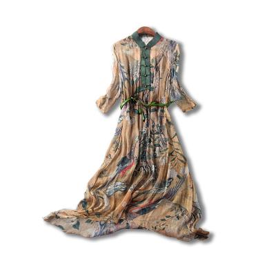 China 2020 China Wind Floral Print Temperament Female Irregular Silk Long Sleeve Dress for sale