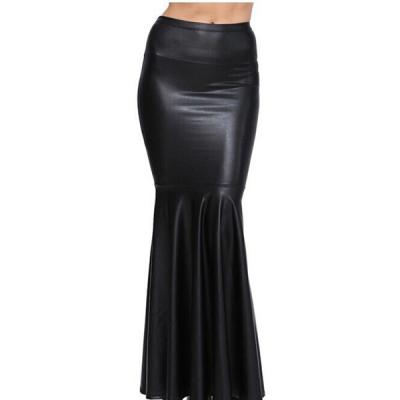 China Plus Size High Waist Long Mermaid Fitted Flare BLACK LEATHER DETAIL MAXI SKIRT MPQ1525 for sale