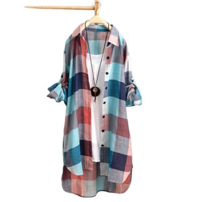 China 2021 Summer Dress Shirt Women Plus Size Loose Plaid Blouse Sunscreen Breathable Clothes Long for sale