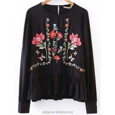 China Anti-pilling Women's Vintage Black Ruffle Edge Floral Embroidered Blouse With Button Closure for sale