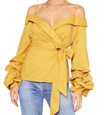 China Anti Pilling Spaghetti Tie Off Shoulder V Neck Ruffle Sleeve Bow Tie Blouse for sale