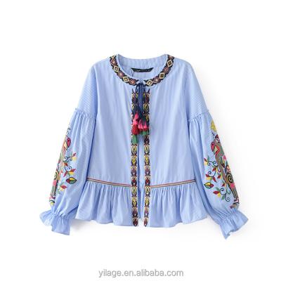 China Blue Anti-pilling Long Sleeve Ruffle Edge Women Blouse With Embroidery On Sleeve for sale