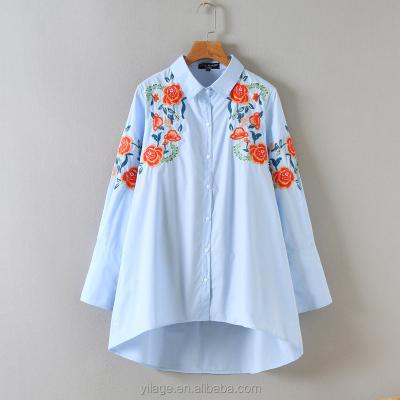 China Floral Embroidered Long Sleeve Shirt Blouse Women Anti-pilling Cheap Price Long Low Hi for sale