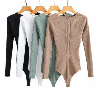 China Autumn Blank Turtleneck Rib Knitted Jumpsuit Women Breathable Tight Long Sleeve Jumpsuits Women Top for sale