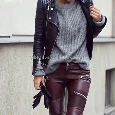 China Burgundy Anti-Pilling Faux Leather Skinny Pants With Biker Zips for sale